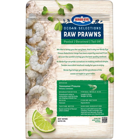 Birds Eye Ocean Selections Raw Prawns Frozen, Peeled & Tail Off 500g