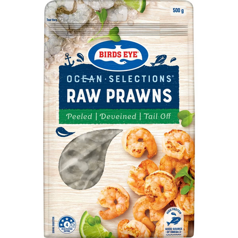 Birds Eye Ocean Selections Raw Prawns Frozen, Peeled & Tail Off 500g