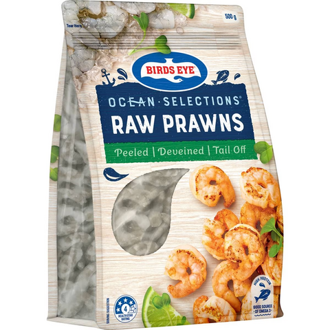 Birds Eye Ocean Selections Raw Prawns Frozen, Peeled & Tail Off 500g