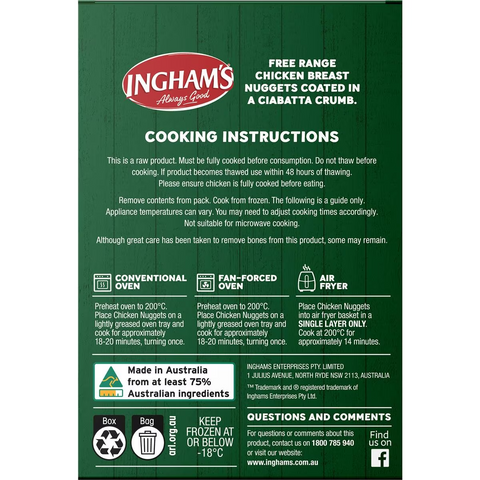 Ingham's Free Range Chicken Breast Ciabatta Nuggets 400g