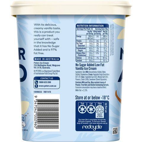 Peters No Sugar Added Vanilla Tub 1.2l