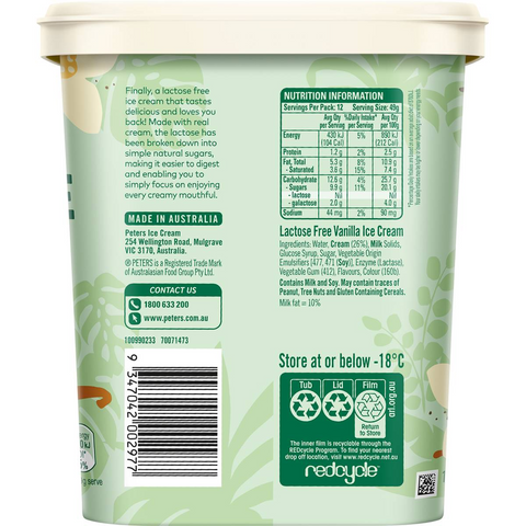 Peters Lactose Free Vanilla Tub 1.2l