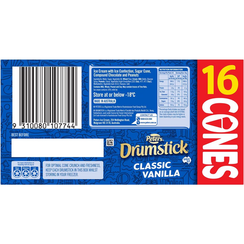 Peters Drumstick Ice Cream Vanilla 16 Pack