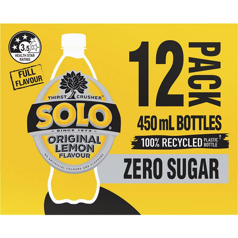 Solo Zero Sugar Original Lemon Soft Drink Bottles Multipack 450ml X 12 Pack