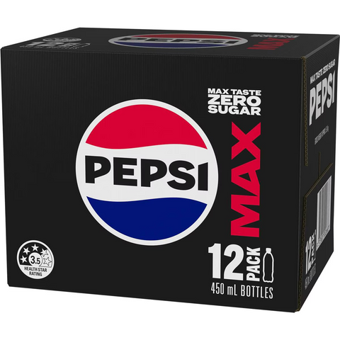 Pepsi Max No Sugar Cola Soft Drink Bottles Multipack 450ml X 12 Pack