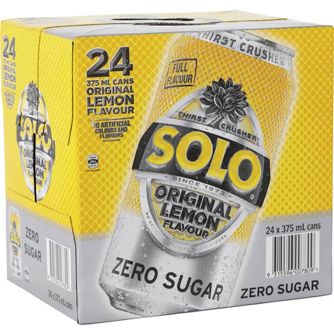 Solo Zero Sugar Original Lemon Soft Drink Cans Multipack 375ml X 24 Pack