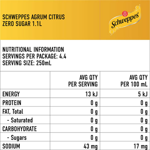 Schweppes Zero Sugar Agrum Citrus Blend Soft Drink Bottle 1.1l