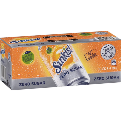 Sunkist Zero Sugar Orange Soft Drink Cans Multipack 375ml X 10 Pack