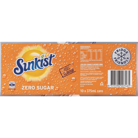 Sunkist Zero Sugar Orange Soft Drink Cans Multipack 375ml X 10 Pack