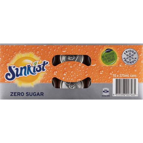 Sunkist Zero Sugar Orange Soft Drink Cans Multipack 375ml X 10 Pack