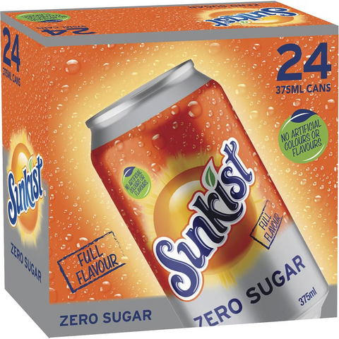 Sunkist Zero Sugar Orange Soft Drink Cans Multipack 375ml X 24 Pack