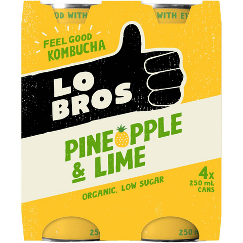 Lo Bros Kombucha Pineapple & Lime Cans 250ml X4 Pack