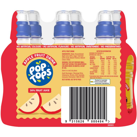 Pop Tops Fruit Drink Apple Poppers Multipack Lunch Box Bottles 250ml X 6 Pack