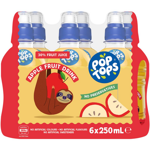 Pop Tops Fruit Drink Apple Poppers Multipack Lunch Box Bottles 250ml X 6 Pack