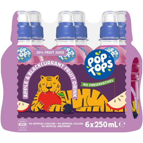 Pop Tops Fruit Drink Apple Blackcurrant Poppers Multipack Lunch Box 250ml X 6 Pack