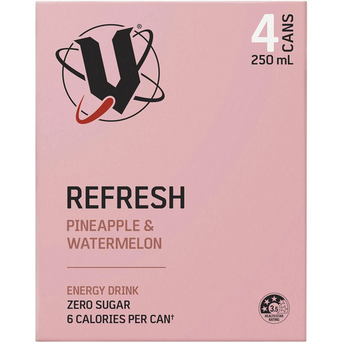 V Energy Refresh Pineapple & Watermelon Zero Sugar Cans 250ml X4 Pack