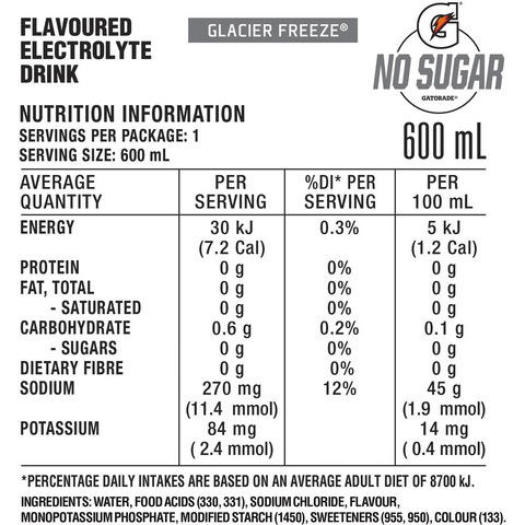 Gatorade Sports Drinks Sugar Free Glacier Freeze Bottle 600ml