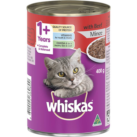 Whiskas 1+ Years Wet Cat Food Beef Mince 400g Can