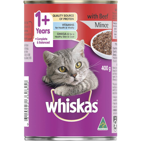 Whiskas 1+ Years Wet Cat Food Beef Mince 400g Can