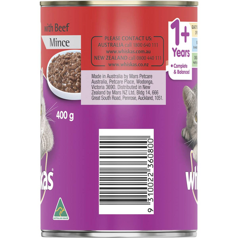 Whiskas 1+ Years Wet Cat Food Beef Mince 400g Can