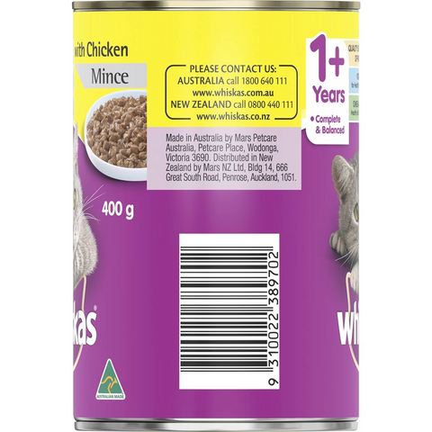 Whiskas 1+ Years Wet Cat Food Chicken Mince 400g Can