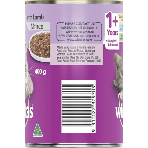 Whiskas 1+ Years Wet Cat Food Lamb Mince 400g Can