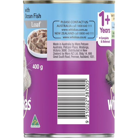 Whiskas 1+ Years Wet Cat Food Ocean Fish Loaf 400g Can