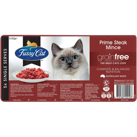 Fussy Cat Grain Free Adult Chilled Fresh Cat Food Prime Steak Mince 90g X5