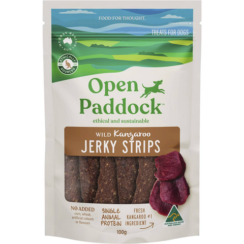 Open Paddock Wild Kangaroo Jerky Strips Dog Treats 100g