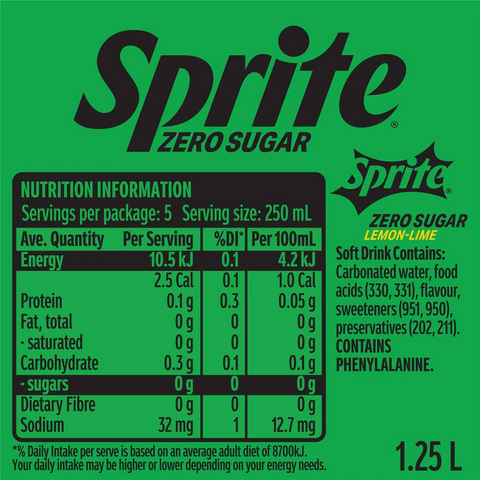 Sprite Zero Sugar Lemonade Soft Drink Bottle 1.25l