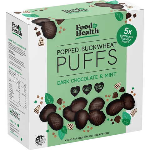 Food For Health Popped Buckwheat Puffs Dark Chocolate & Mint 5 Pack