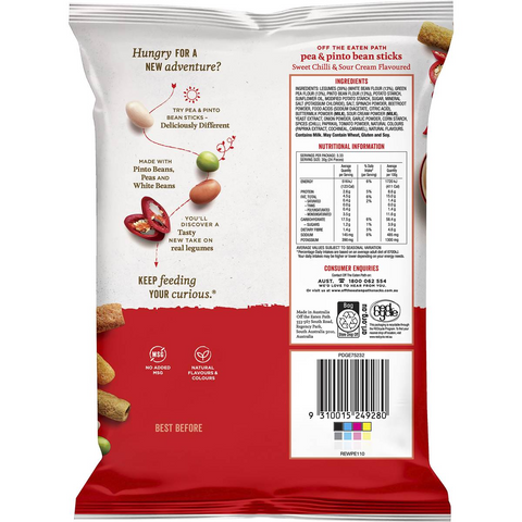 Off The Eaten Path Veggie Chips Pea & Pinto Bean Sticks Sweet Chilli Sour Cream 100g