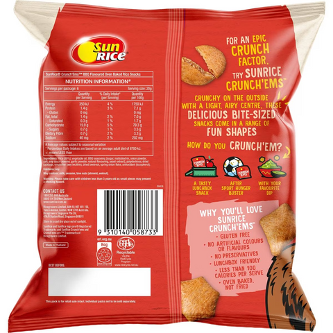 Sunrice Crunch 'ems Oven Baked Rice Snacks Grizzly Bbq 6 Pack