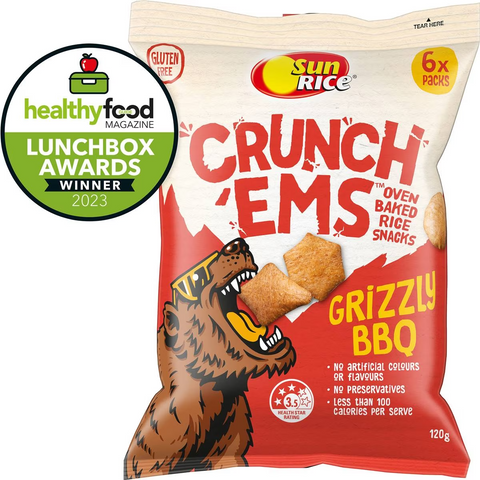 Sunrice Crunch 'ems Oven Baked Rice Snacks Grizzly Bbq 6 Pack