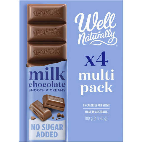 Well Naturally No Sugar Added Milk Chocolate Bars 45g X 4 Pack