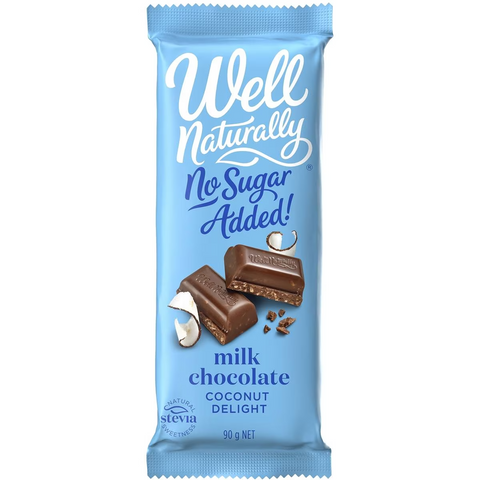 Well Naturally No Sugar Added Milk Choc Coconut 90g