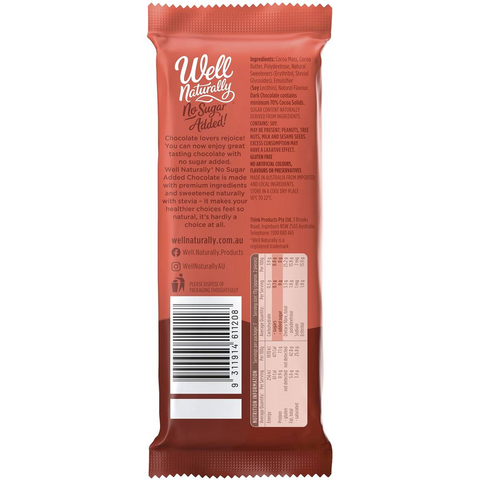 Well Naturally Bar Sugar Free Dark 90g