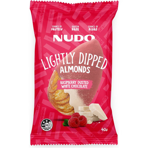 Nudo Lightly Dipped Almonds Raspberry Dusted White Choc 40g