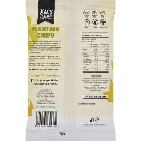 Macy And Tailor Plantain Chips Chilli Lime 85g