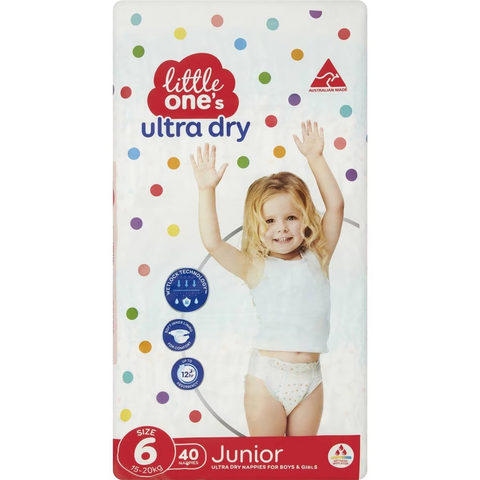 Little One's Size 6 Ultra Dry Nappies Junior 15-25kg Boys & Girls 40 Pack