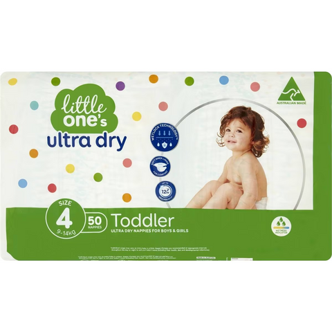 Little One's Size 4 Ultra Dry Nappies Toddler 10-15kg Boys & Girls 50 Pack