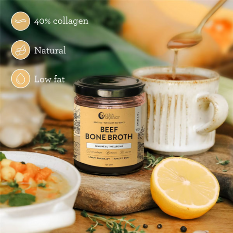 Nutra Organics Beef Bone Broth Lemon Ginger Acv 190g