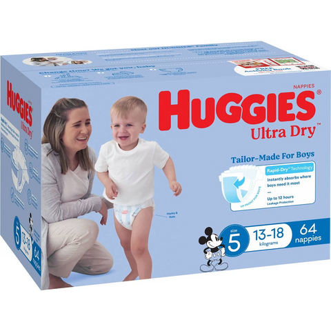 Huggies Ultra Dry Nappies Boys Size 5 (13-18kg) 64 Pack