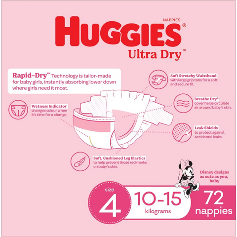 Huggies Ultra Dry Nappies Girls Size 4 (10-15kg) 72 Pack