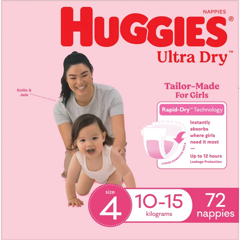 Huggies Ultra Dry Nappies Girls Size 4 (10-15kg) 72 Pack