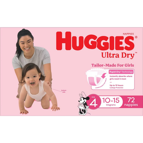 Huggies Ultra Dry Nappies Girls Size 4 (10-15kg) 72 Pack