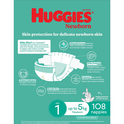 Huggies Newborn Nappies Size 1 (up To 5kg) 108 Pack