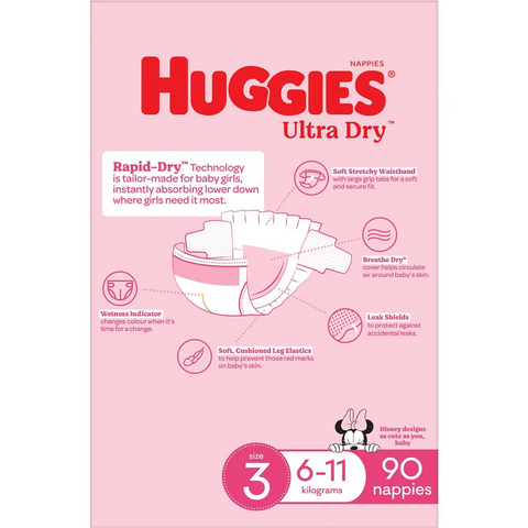 Huggies Ultra Dry Nappies Girls Size 3 (6-11kg) 90 Pack