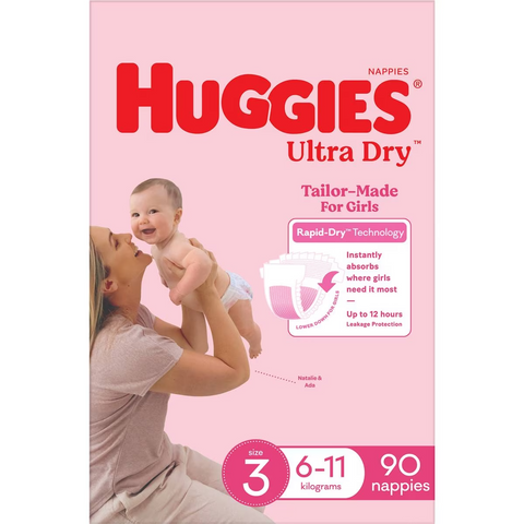 Huggies Ultra Dry Nappies Girls Size 3 (6-11kg) 90 Pack