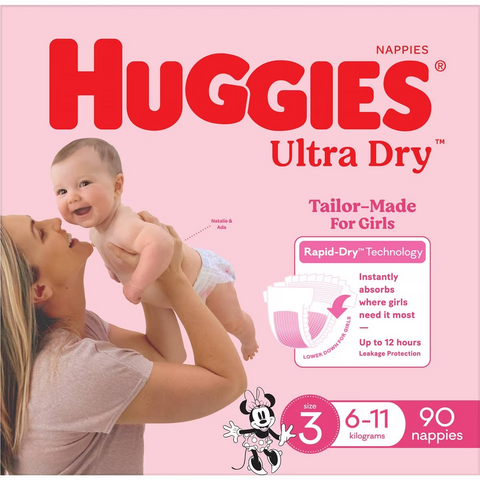 Huggies Ultra Dry Nappies Girls Size 3 (6-11kg) 90 Pack